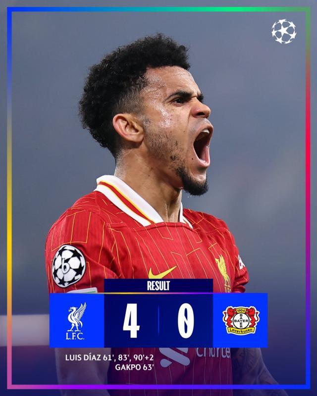 jiuyou-【欧冠】利物浦4比0勒沃库森，迪亚斯戴帽哈克波破门